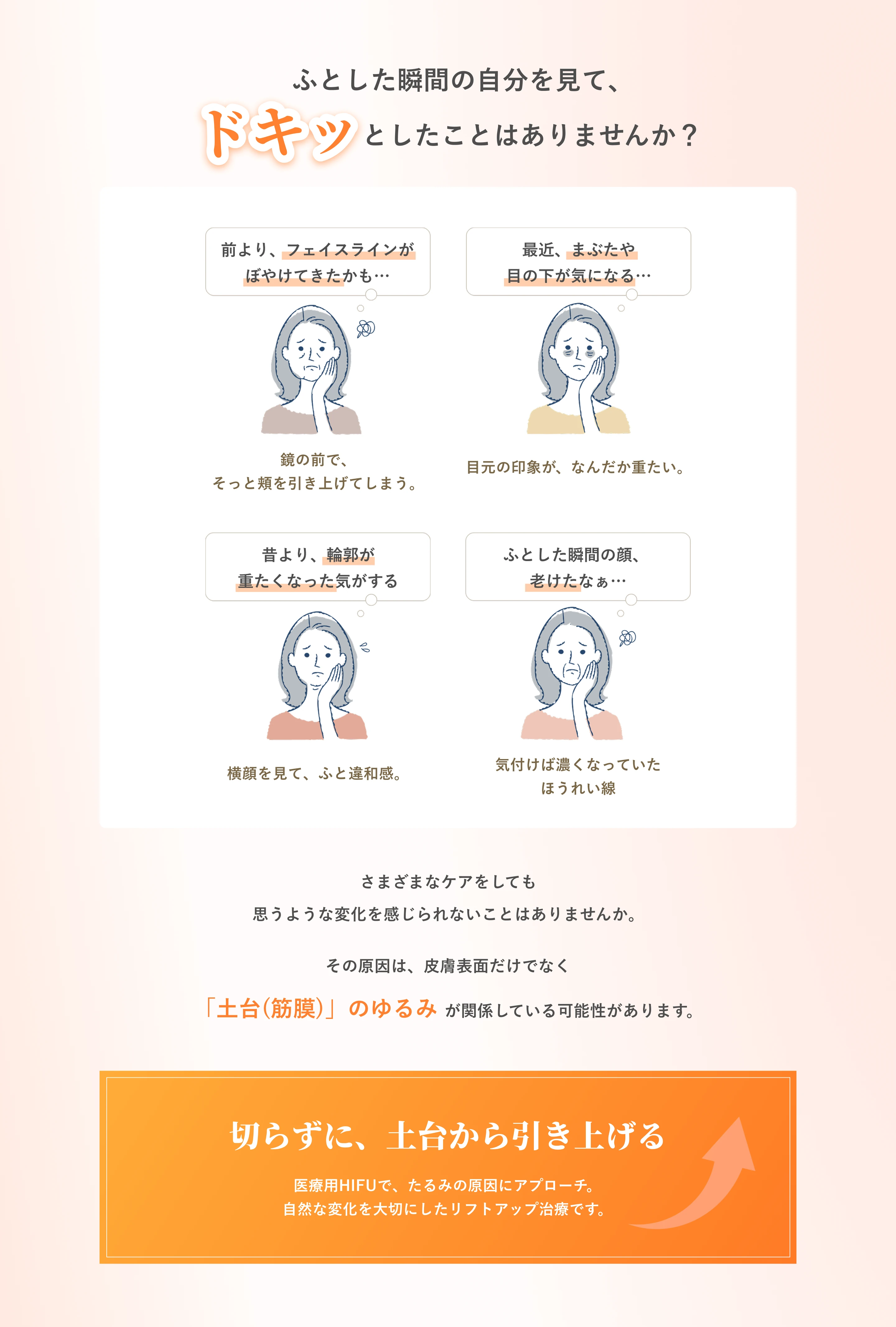 ふとした瞬間の自分を見てドキッとしたことはありませんか？フェイスラインのぼやけ、まぶたや目の下、輪郭、ほうれい線。原因は土台（筋膜）のゆるみかもしれません。切らずに土台から引き上げる医療用HIFU。